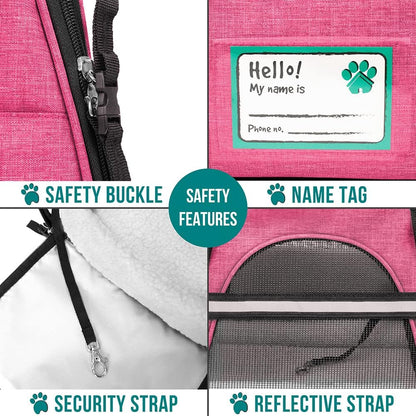 Airline Approved Pet Carrier for Cats & Small Dogs, Soft Sided TSA Travel Carrier Bag Sherpa Bed, Breathable Mesh Ventilation, Collapsible Bowl, Fit under Seat, up to 18 Lbs, Large Heather Pink