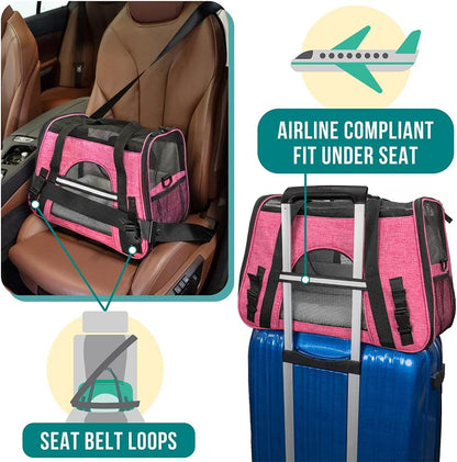 Airline Approved Pet Carrier for Cats & Small Dogs, Soft Sided TSA Travel Carrier Bag Sherpa Bed, Breathable Mesh Ventilation, Collapsible Bowl, Fit under Seat, up to 18 Lbs, Large Heather Pink