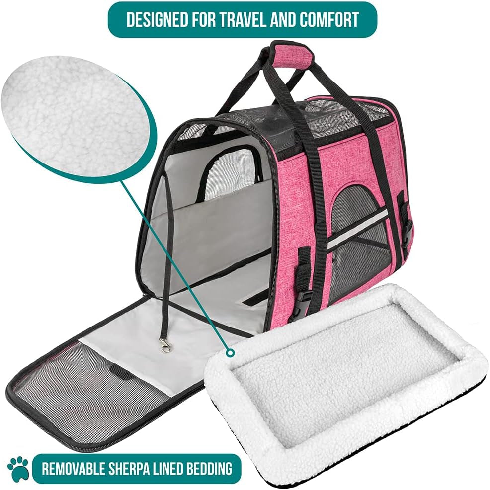 Airline Approved Pet Carrier for Cats & Small Dogs, Soft Sided TSA Travel Carrier Bag Sherpa Bed, Breathable Mesh Ventilation, Collapsible Bowl, Fit under Seat, up to 18 Lbs, Large Heather Pink