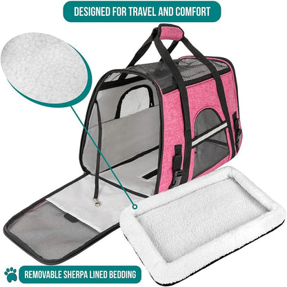 Airline Approved Pet Carrier for Cats & Small Dogs, Soft Sided TSA Travel Carrier Bag Sherpa Bed, Breathable Mesh Ventilation, Collapsible Bowl, Fit under Seat, up to 18 Lbs, Large Heather Pink