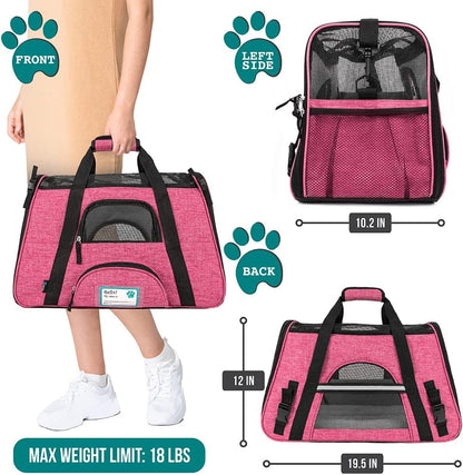 Airline Approved Pet Carrier for Cats & Small Dogs, Soft Sided TSA Travel Carrier Bag Sherpa Bed, Breathable Mesh Ventilation, Collapsible Bowl, Fit under Seat, up to 18 Lbs, Large Heather Pink