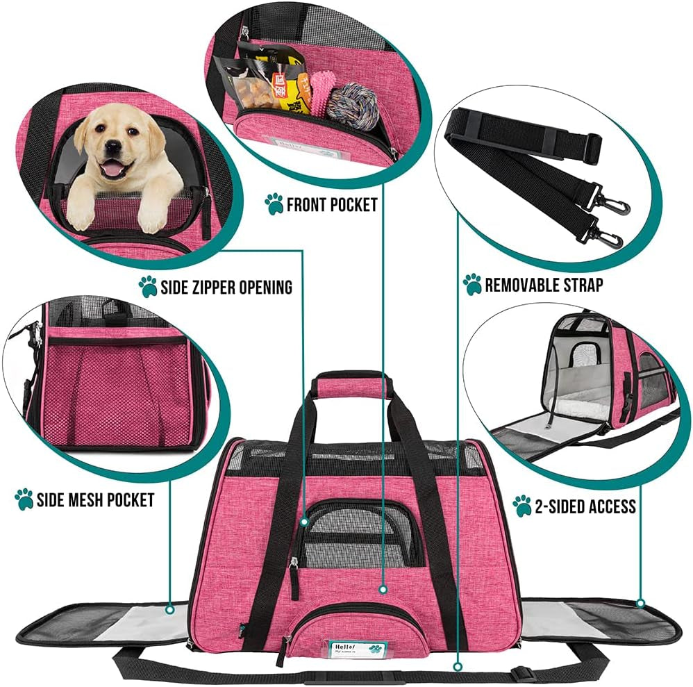 Airline Approved Pet Carrier for Cats & Small Dogs, Soft Sided TSA Travel Carrier Bag Sherpa Bed, Breathable Mesh Ventilation, Collapsible Bowl, Fit under Seat, up to 18 Lbs, Large Heather Pink