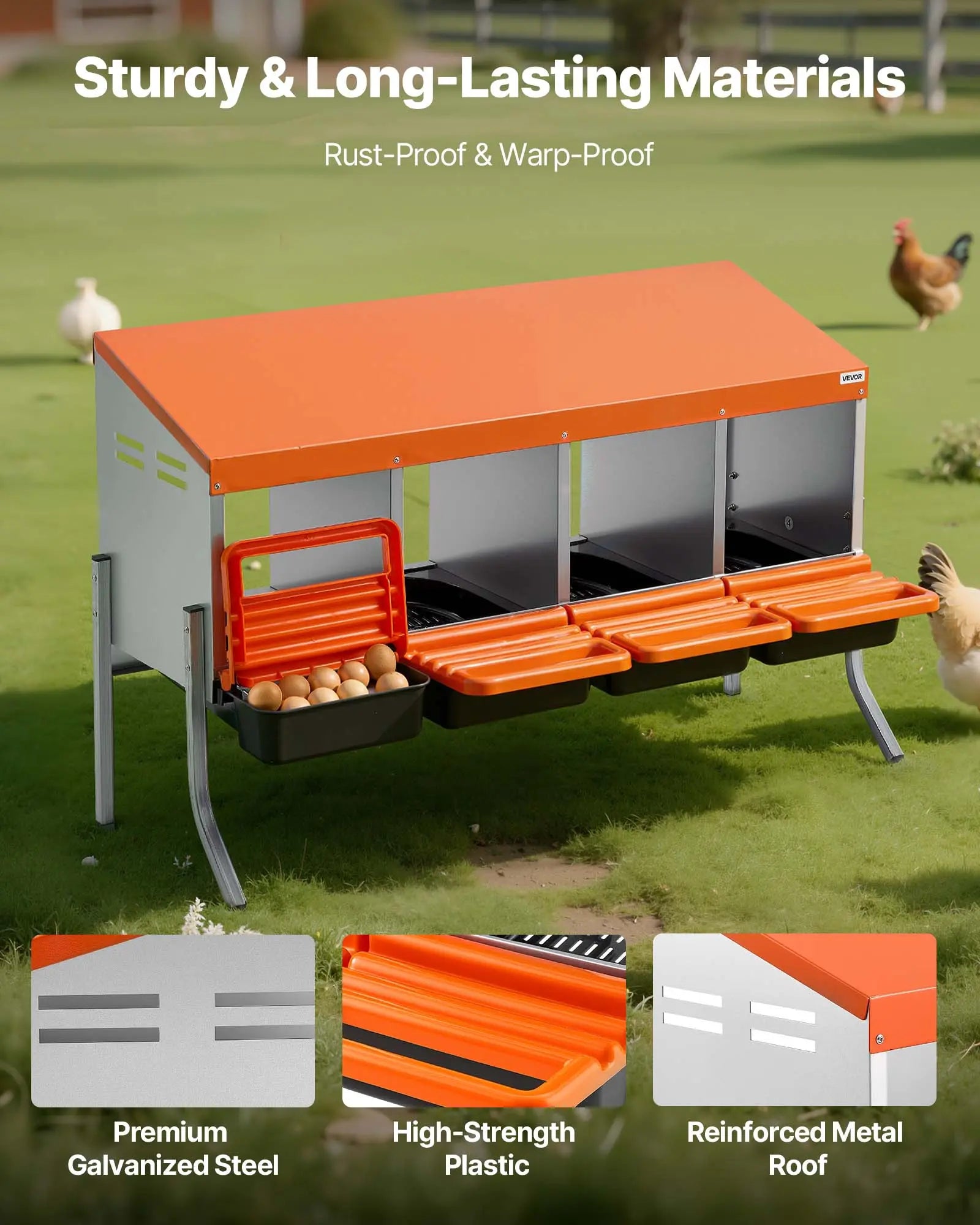 【Summervibes】Vevor Chicken Nesting Boxes, 4 Compartments, with Support Legs, Easy Egg Collection, Galvanized Steel and High-Strength Plastic, Roll Away Nesting Boxes for Chickens and Hens Laying Eggs, Orange