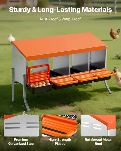 【Summervibes】Vevor Chicken Nesting Boxes, 4 Compartments, with Support Legs, Easy Egg Collection, Galvanized Steel and High-Strength Plastic, Roll Away Nesting Boxes for Chickens and Hens Laying Eggs, Orange