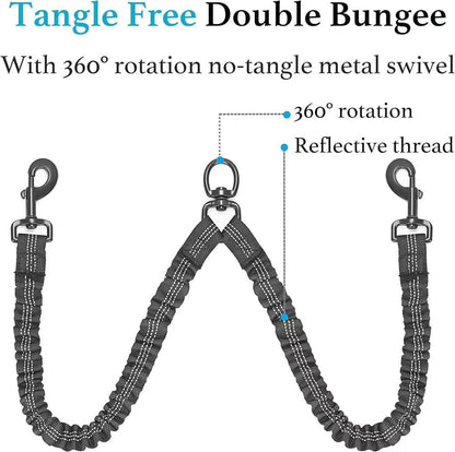Pipidodo Dual Dog Leash with Shock Absorption, Tangle-Free 360° Swivel, and Padded Handle for Comfortable Dual Dog Walking