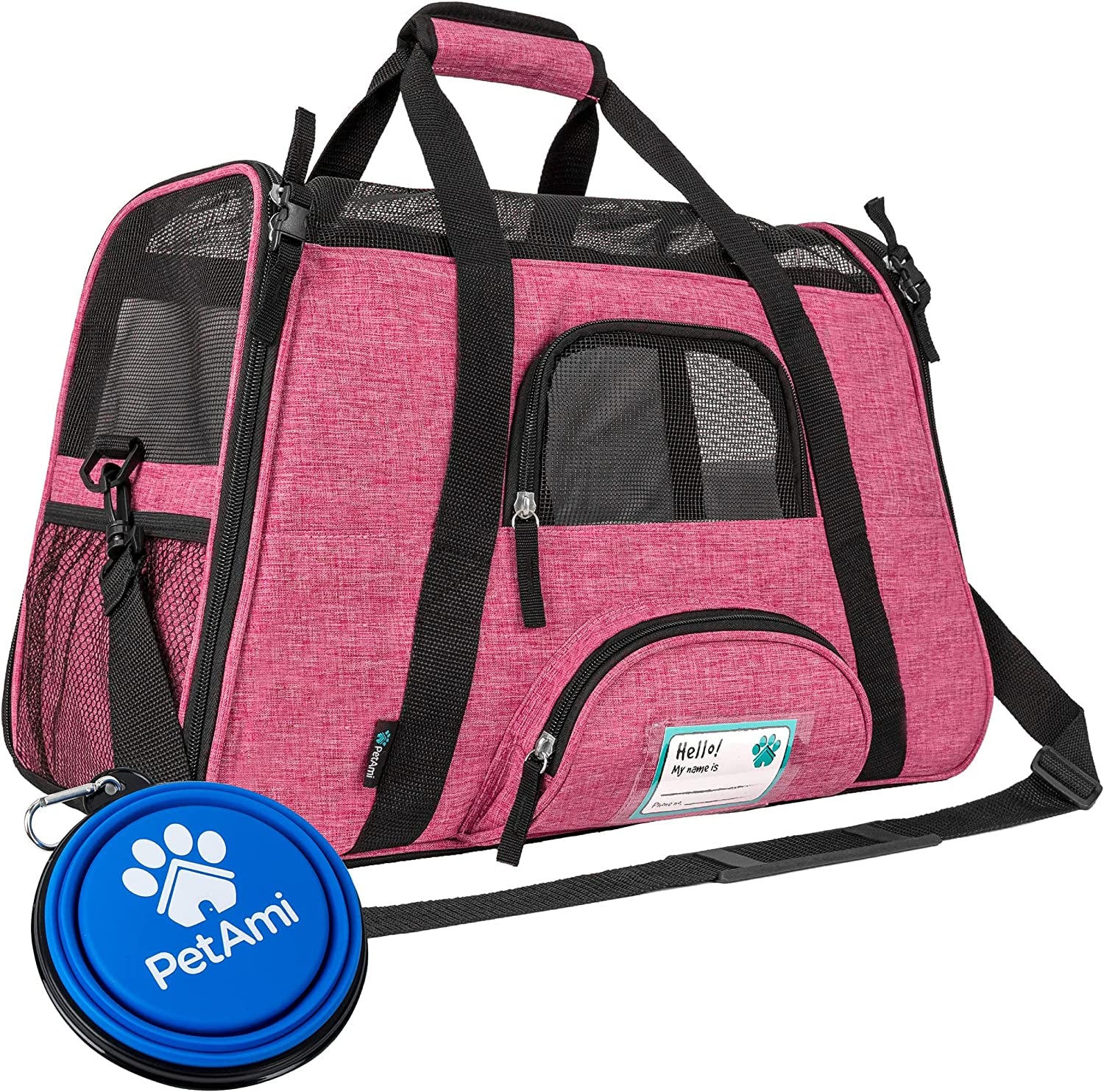 Airline Approved Pet Carrier for Cats & Small Dogs, Soft Sided TSA Travel Carrier Bag Sherpa Bed, Breathable Mesh Ventilation, Collapsible Bowl, Fit under Seat, up to 18 Lbs, Large Heather Pink