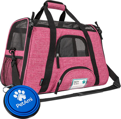 Airline Approved Pet Carrier for Cats & Small Dogs, Soft Sided TSA Travel Carrier Bag Sherpa Bed, Breathable Mesh Ventilation, Collapsible Bowl, Fit under Seat, up to 18 Lbs, Large Heather Pink