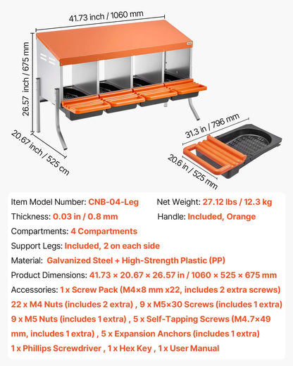 【Summervibes】Vevor Chicken Nesting Boxes, 4 Compartments, with Support Legs, Easy Egg Collection, Galvanized Steel and High-Strength Plastic, Roll Away Nesting Boxes for Chickens and Hens Laying Eggs, Orange