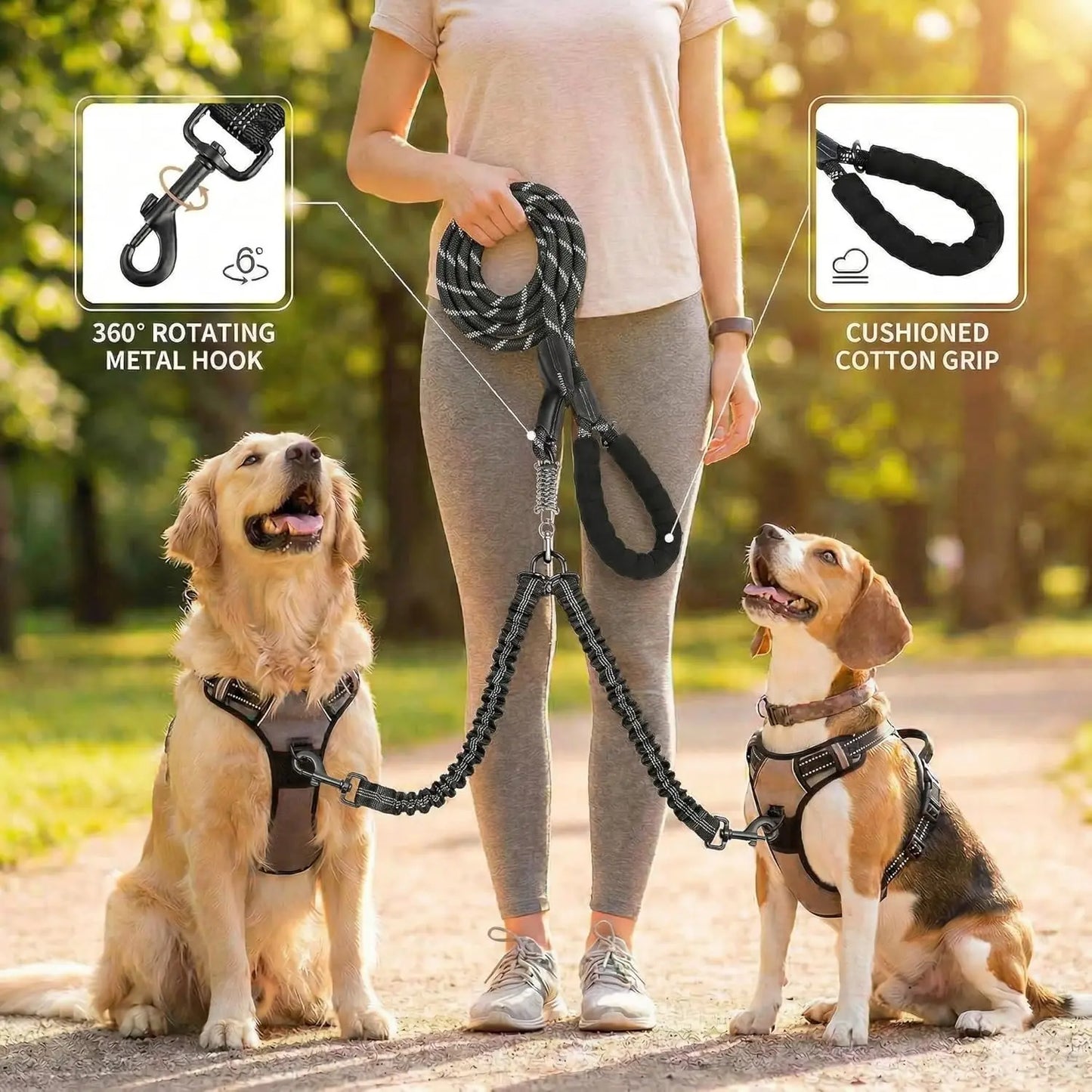 Pipidodo Dual Dog Leash with Shock Absorption, Tangle-Free 360° Swivel, and Padded Handle for Comfortable Dual Dog Walking