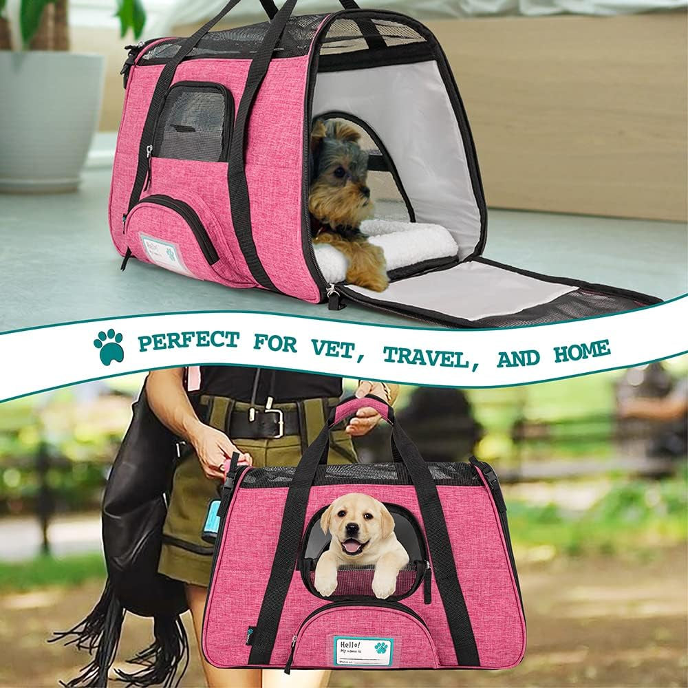 Airline Approved Pet Carrier for Cats & Small Dogs, Soft Sided TSA Travel Carrier Bag Sherpa Bed, Breathable Mesh Ventilation, Collapsible Bowl, Fit under Seat, up to 18 Lbs, Large Heather Pink
